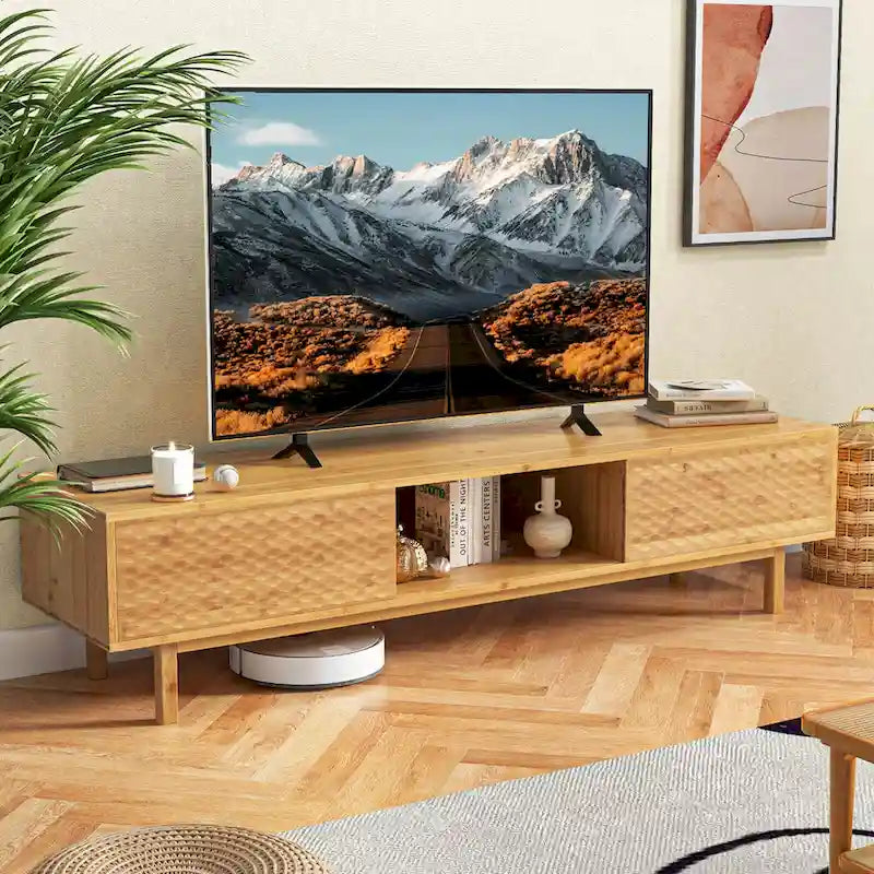 Natural Bamboo TV Stand Sliding Diamond Doors 3 Storage Compartments