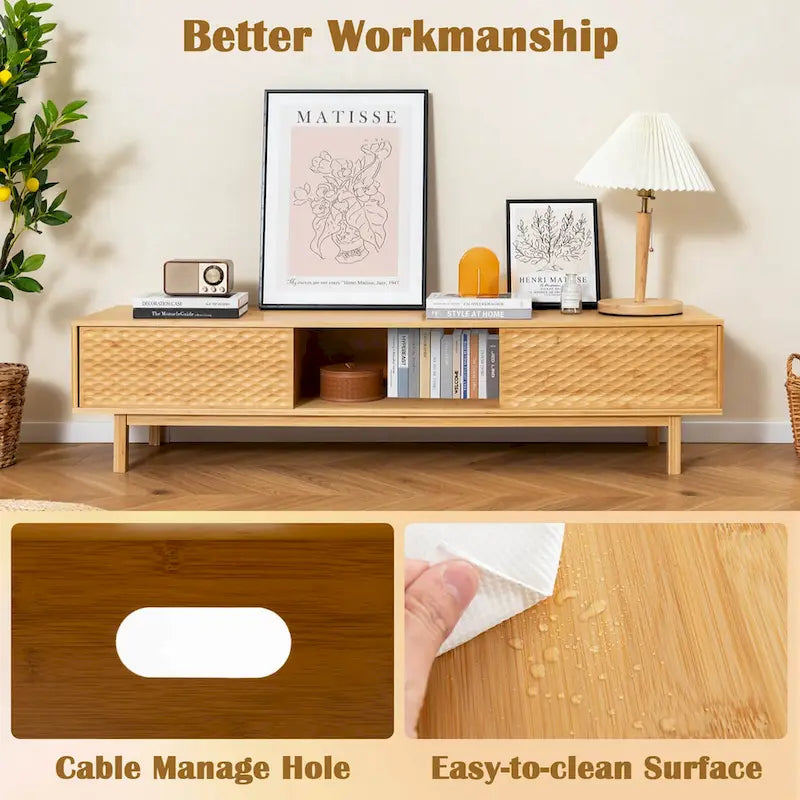 Natural Bamboo TV Stand Sliding Diamond Doors 3 Storage Compartments