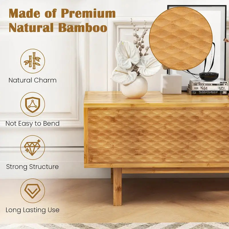 Natural Bamboo TV Stand Sliding Diamond Doors 3 Storage Compartments