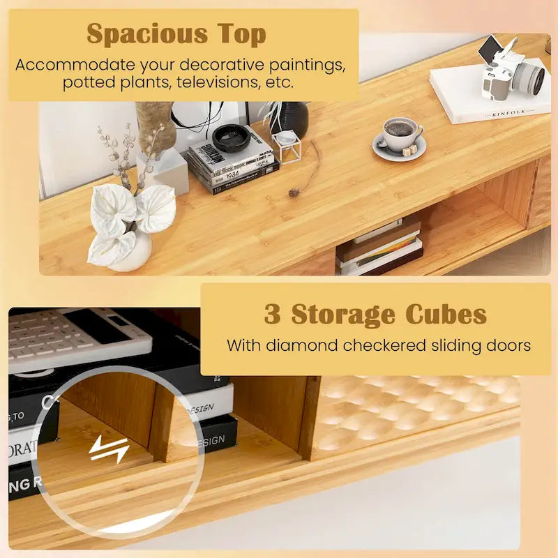 Natural Bamboo TV Stand Sliding Diamond Doors 3 Storage Compartments