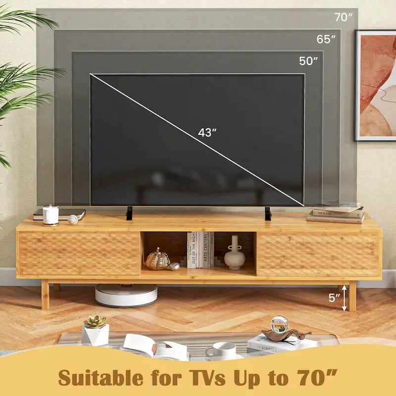 Natural Bamboo TV Stand Sliding Diamond Doors 3 Storage Compartments