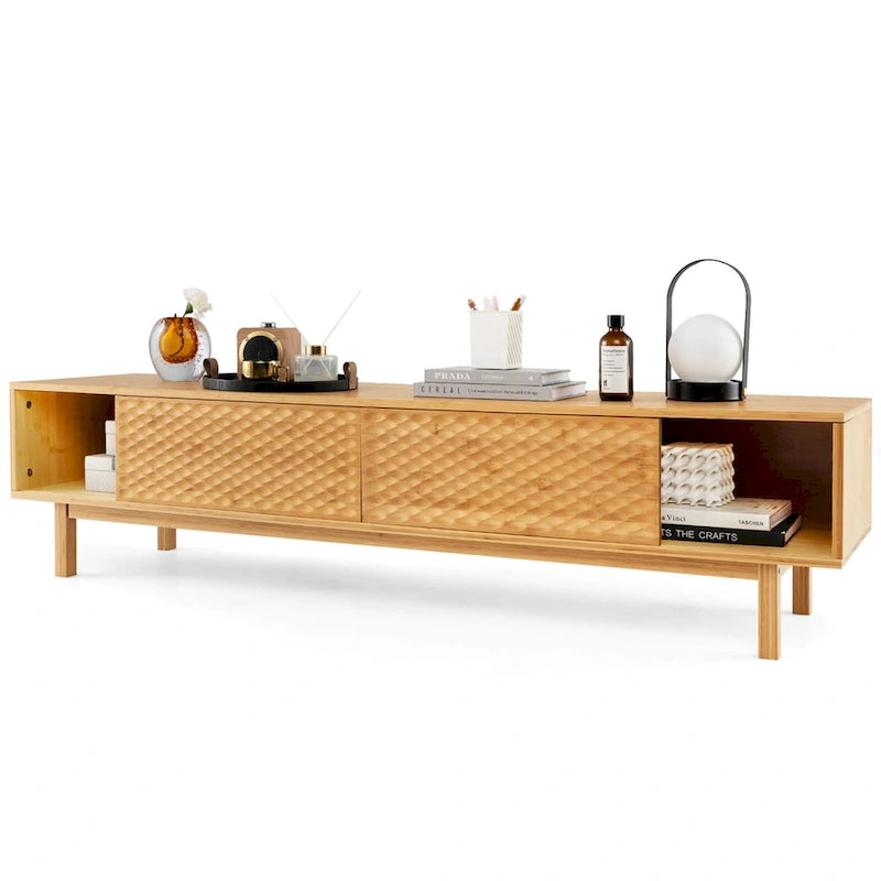Natural Bamboo TV Stand Sliding Diamond Doors 3 Storage Compartments