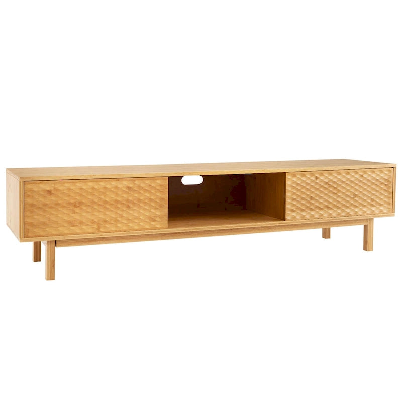 Natural Bamboo TV Stand Sliding Diamond Doors 3 Storage Compartments