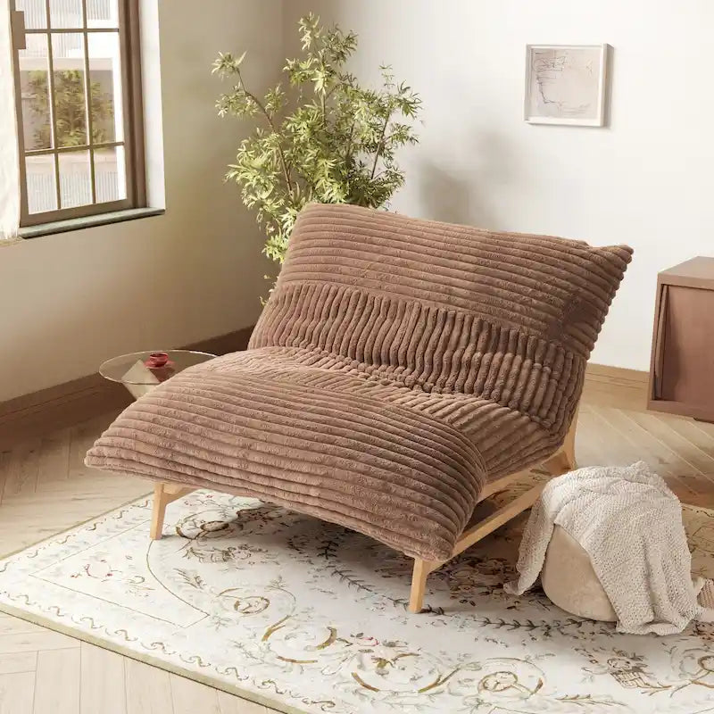 Tan Corduroy Bean Bag Lounge Chair Solid Wood Frame 3-in-1 Convertible