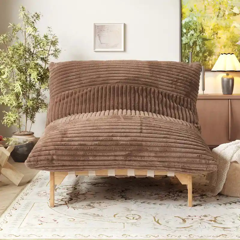 Tan Corduroy Bean Bag Lounge Chair Solid Wood Frame 3-in-1 Convertible