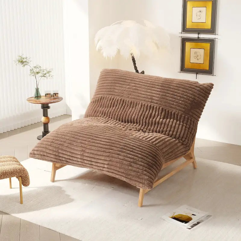 Tan Corduroy Bean Bag Lounge Chair Solid Wood Frame 3-in-1 Convertible