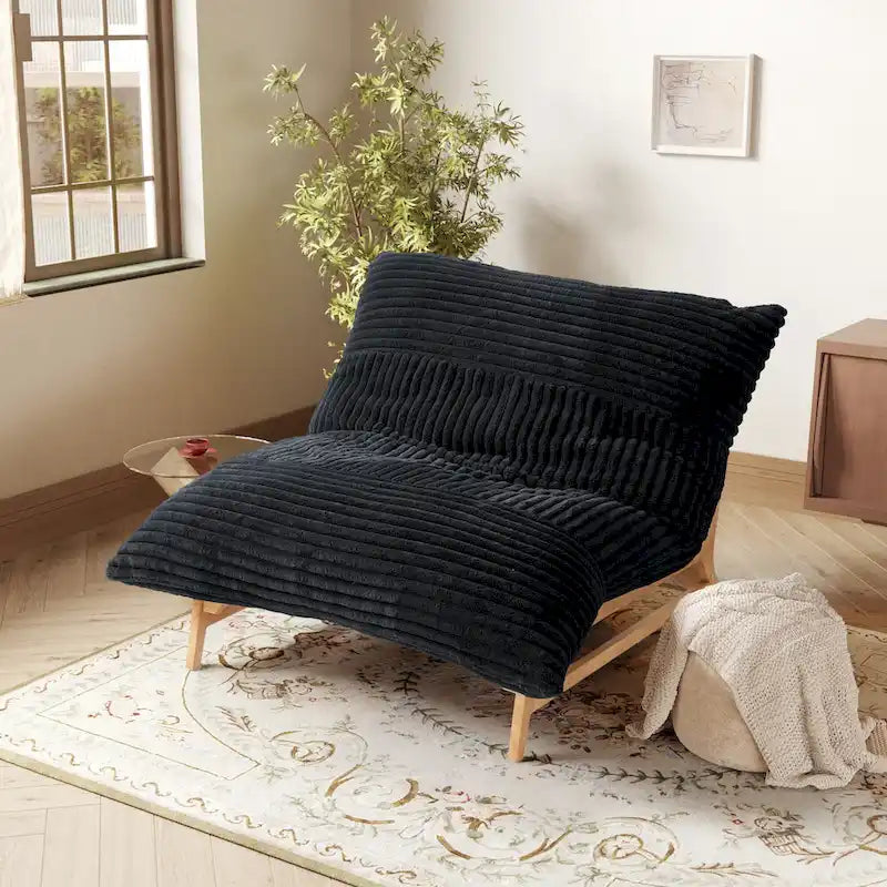 Tan Corduroy Bean Bag Lounge Chair Solid Wood Frame 3-in-1 Convertible