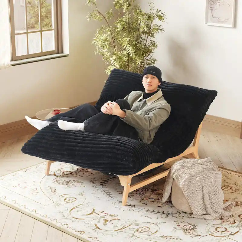 Tan Corduroy Bean Bag Lounge Chair Solid Wood Frame 3-in-1 Convertible
