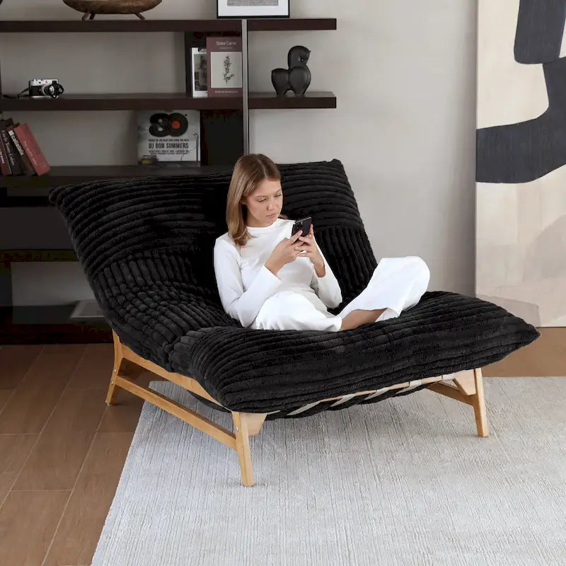 Tan Corduroy Bean Bag Lounge Chair Solid Wood Frame 3-in-1 Convertible