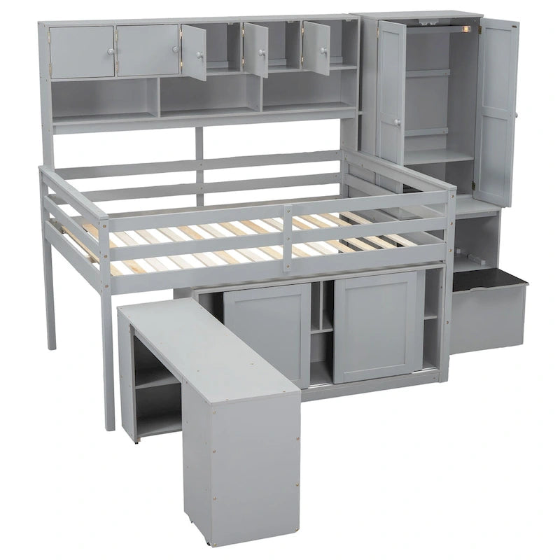 Gray Full Size Storage Bed with Overhead Hutch Drawers Side Cabinet Shelves