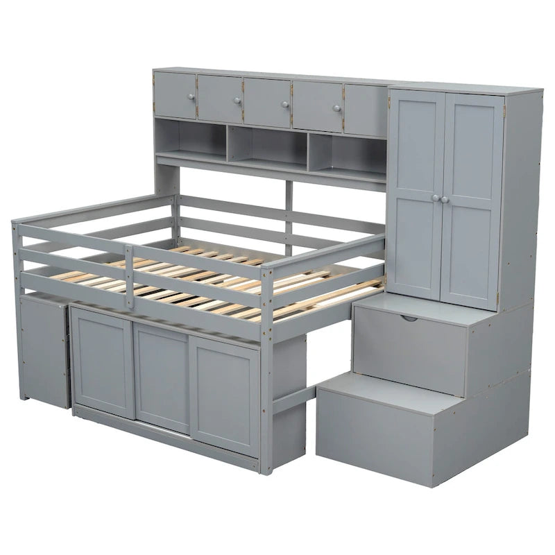 Gray Full Size Storage Bed with Overhead Hutch Drawers Side Cabinet Shelves