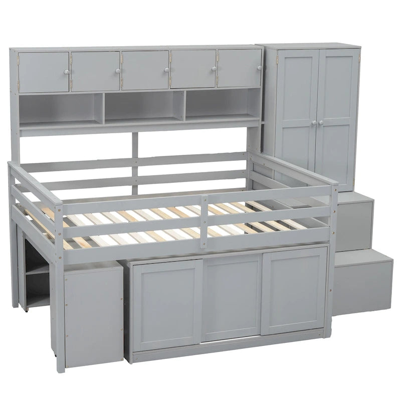 Gray Full Size Storage Bed with Overhead Hutch Drawers Side Cabinet Shelves