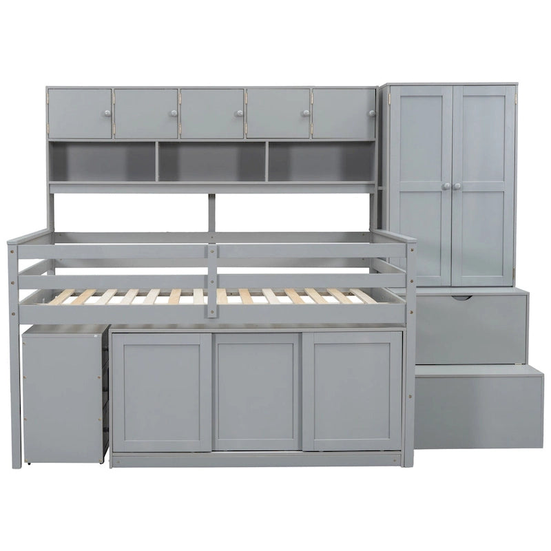 Gray Full Size Storage Bed with Overhead Hutch Drawers Side Cabinet Shelves