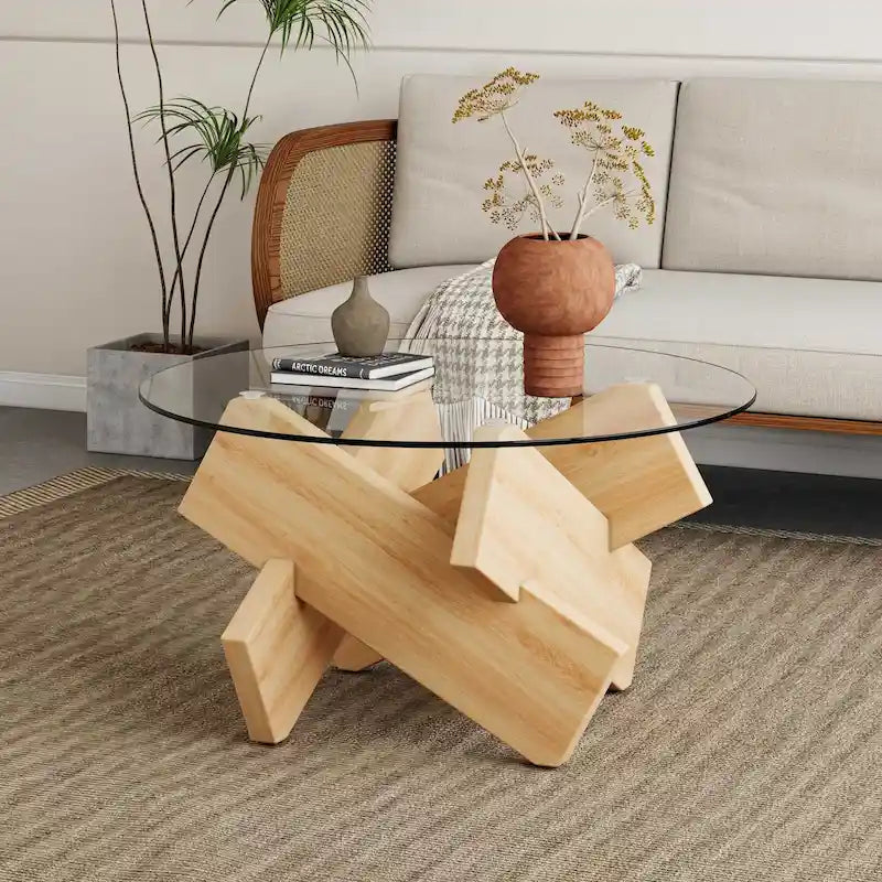 Gray Round Tempered Glass Coffee Table Geometric Cross Wood Base Modern