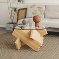 Gray Round Tempered Glass Coffee Table Geometric Cross Wood Base Modern