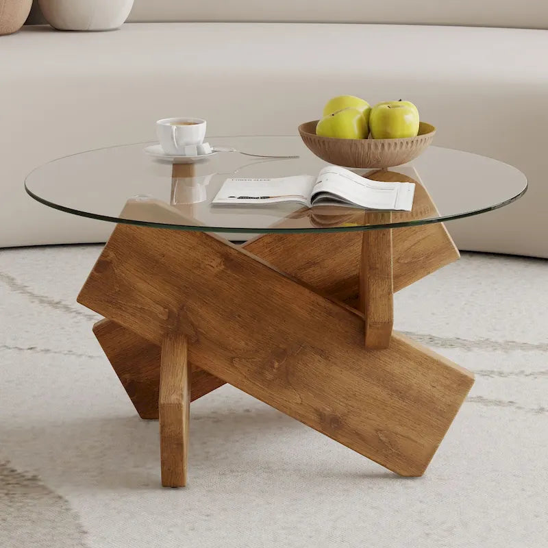 Gray Round Tempered Glass Coffee Table Geometric Cross Wood Base Modern