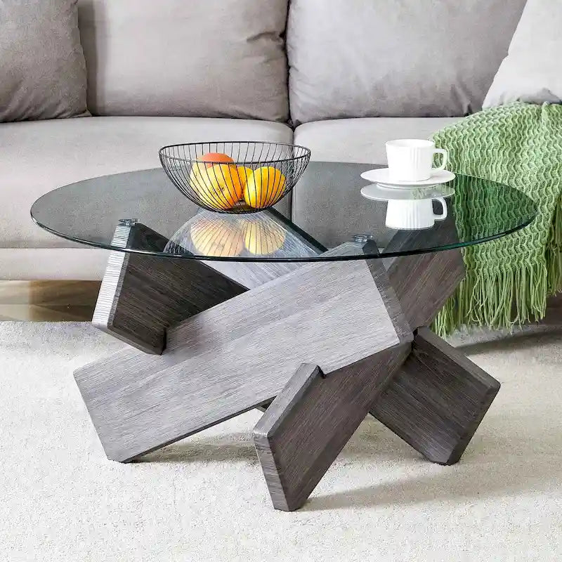 Gray Round Tempered Glass Coffee Table Geometric Cross Wood Base Modern