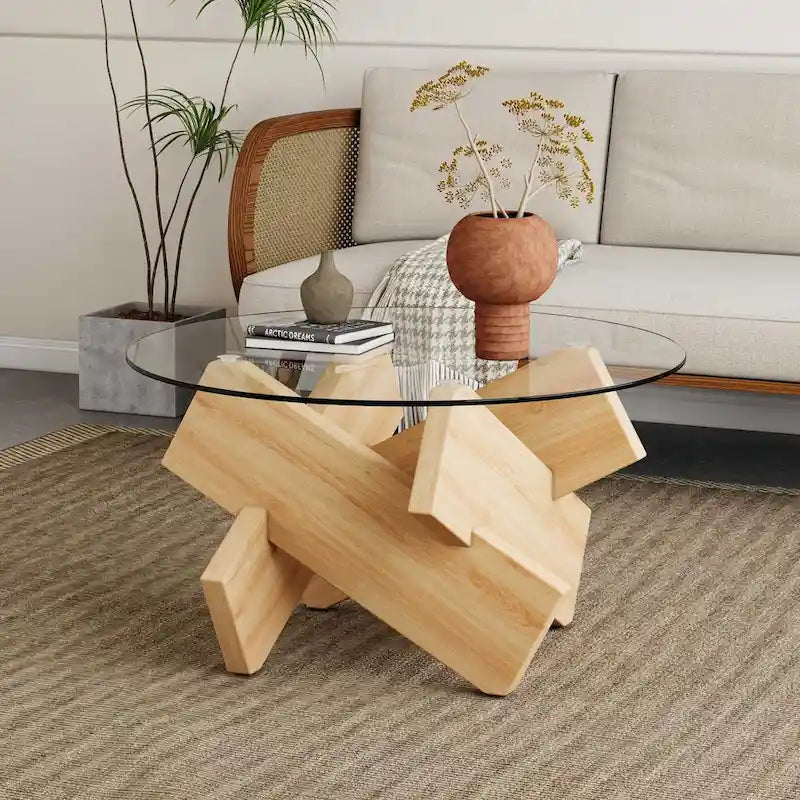 Gray Round Tempered Glass Coffee Table Geometric Cross Wood Base Modern