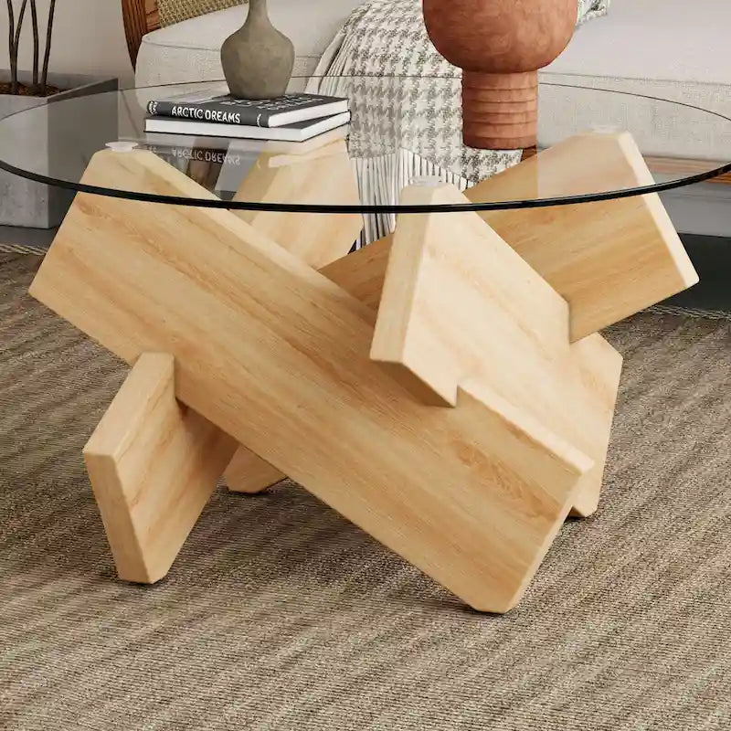 Gray Round Tempered Glass Coffee Table Geometric Cross Wood Base Modern