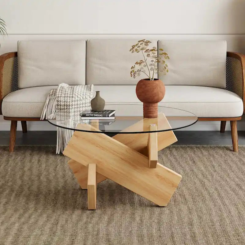 Gray Round Tempered Glass Coffee Table Geometric Cross Wood Base Modern