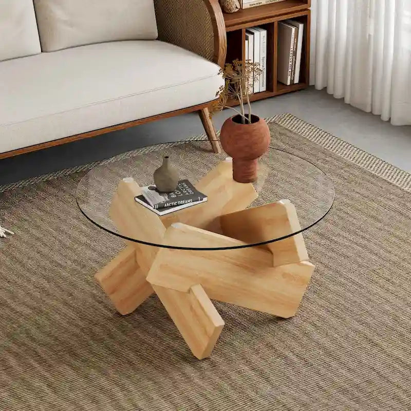 Gray Round Tempered Glass Coffee Table Geometric Cross Wood Base Modern