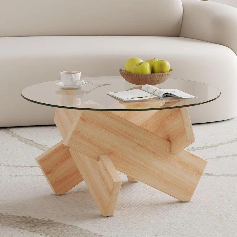 Gray Round Tempered Glass Coffee Table Geometric Cross Wood Base Modern