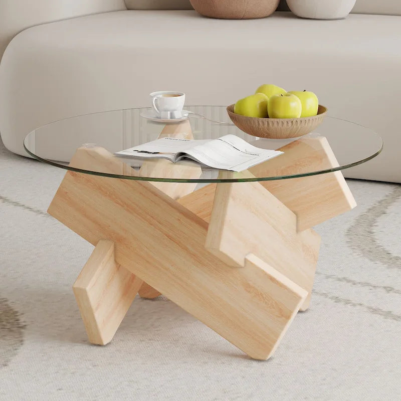 Gray Round Tempered Glass Coffee Table Geometric Cross Wood Base Modern