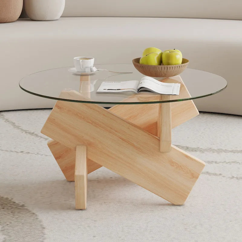 Gray Round Tempered Glass Coffee Table Geometric Cross Wood Base Modern