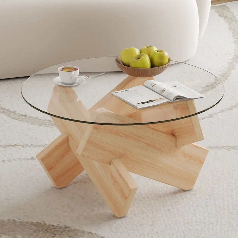 Gray Round Tempered Glass Coffee Table Geometric Cross Wood Base Modern