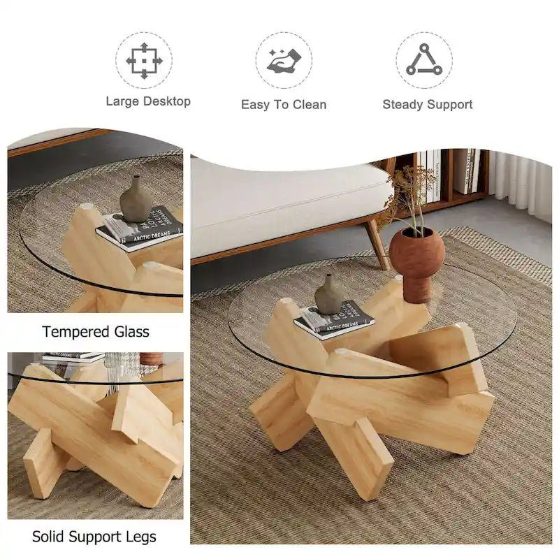 Gray Round Tempered Glass Coffee Table Geometric Cross Wood Base Modern