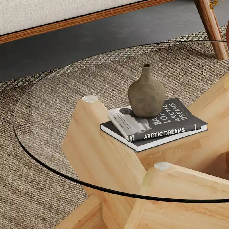 Gray Round Tempered Glass Coffee Table Geometric Cross Wood Base Modern