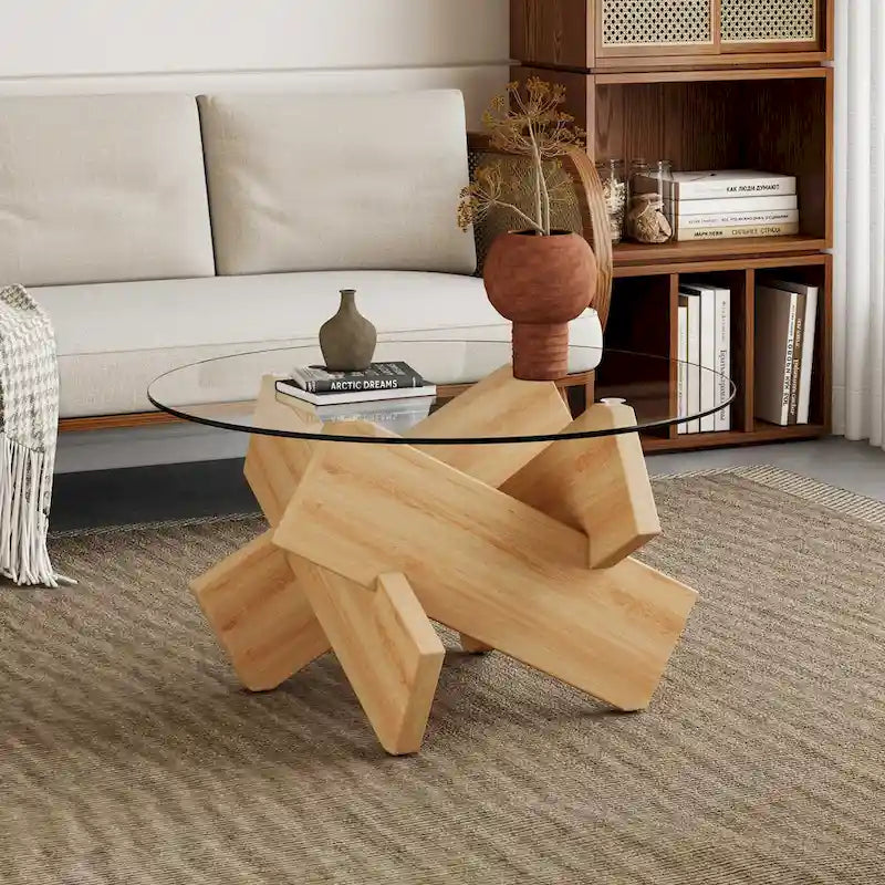 Gray Round Tempered Glass Coffee Table Geometric Cross Wood Base Modern