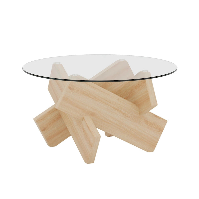 Gray Round Tempered Glass Coffee Table Geometric Cross Wood Base Modern
