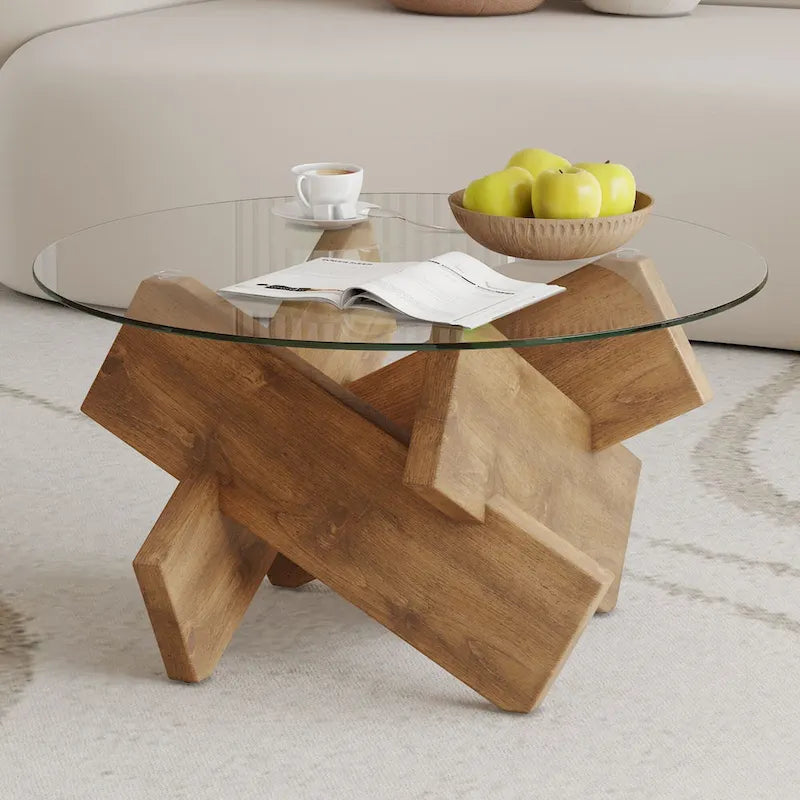 Gray Round Tempered Glass Coffee Table Geometric Cross Wood Base Modern