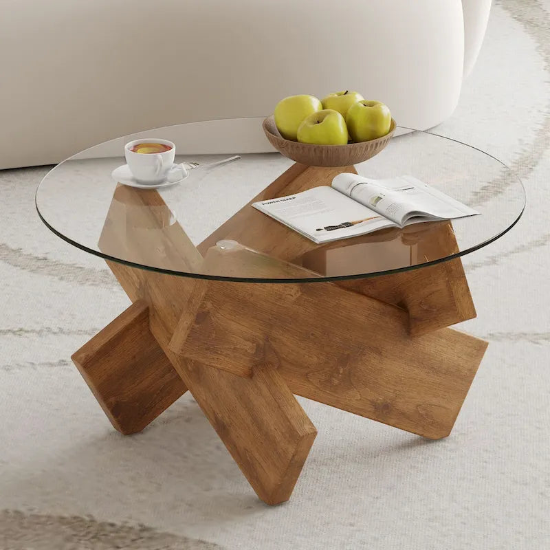 Gray Round Tempered Glass Coffee Table Geometric Cross Wood Base Modern