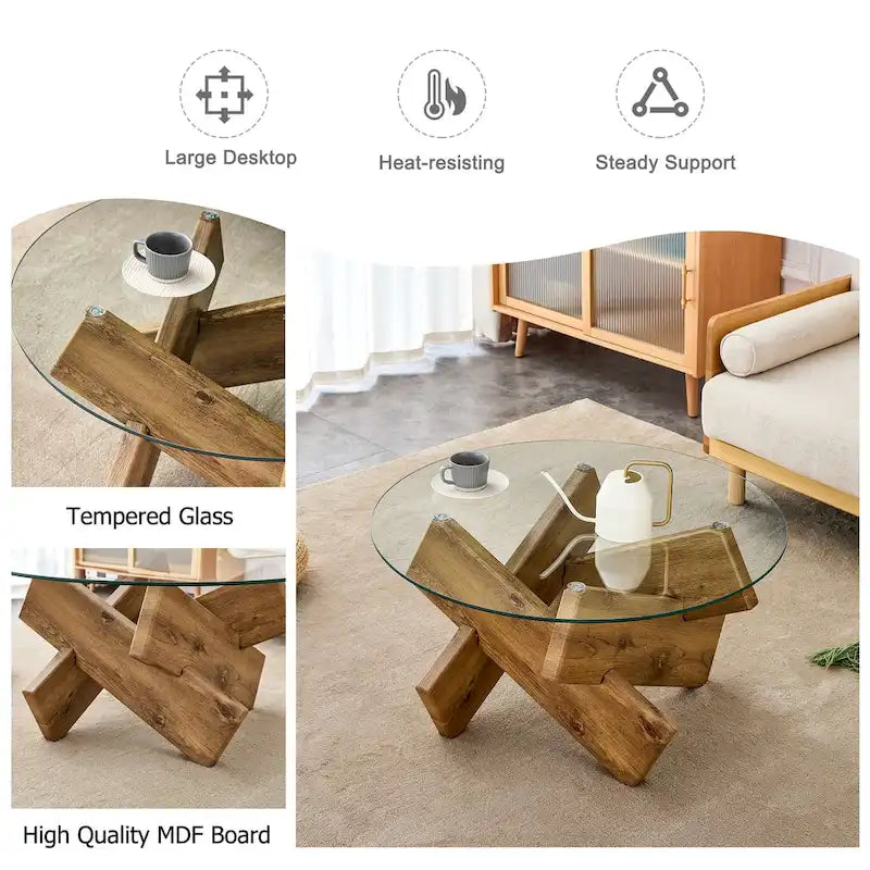 Gray Round Tempered Glass Coffee Table Geometric Cross Wood Base Modern