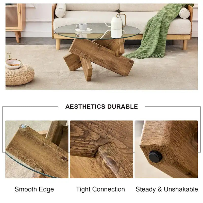 Gray Round Tempered Glass Coffee Table Geometric Cross Wood Base Modern
