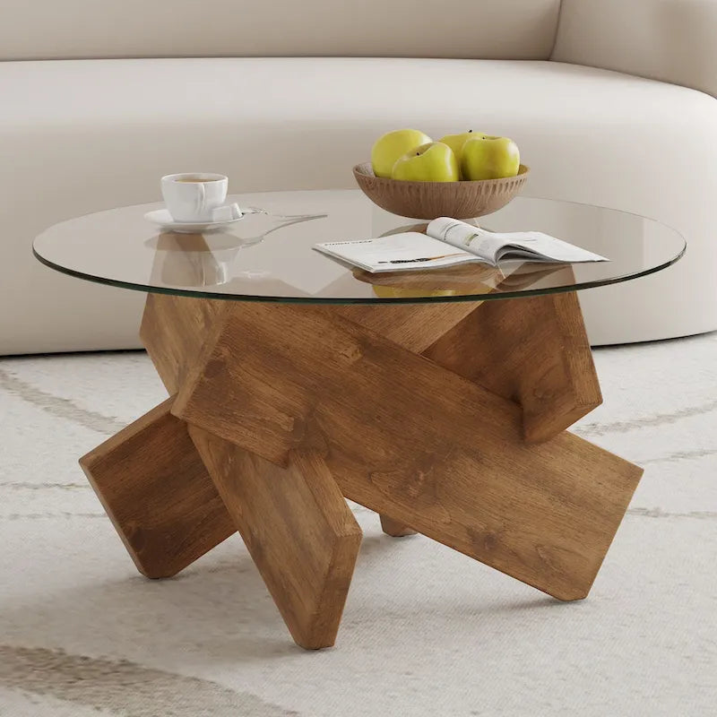 Gray Round Tempered Glass Coffee Table Geometric Cross Wood Base Modern