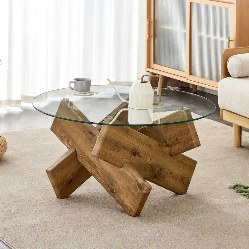 Gray Round Tempered Glass Coffee Table Geometric Cross Wood Base Modern