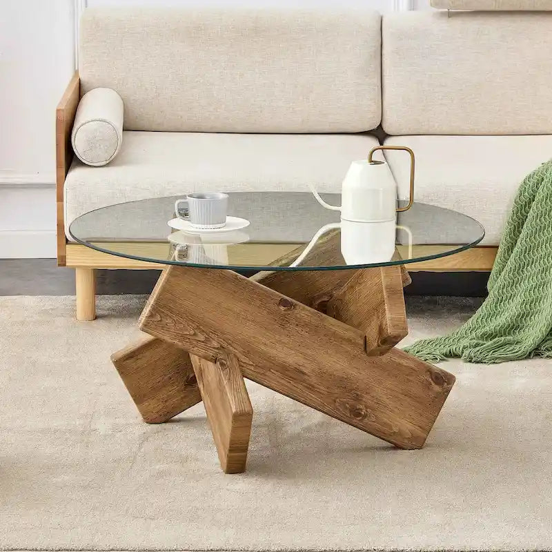 Gray Round Tempered Glass Coffee Table Geometric Cross Wood Base Modern