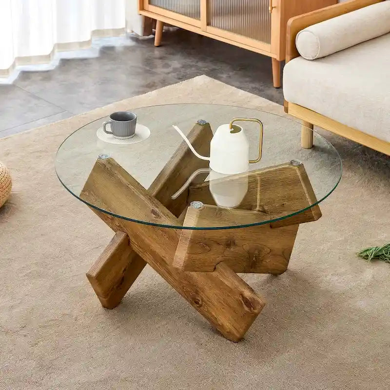 Gray Round Tempered Glass Coffee Table Geometric Cross Wood Base Modern