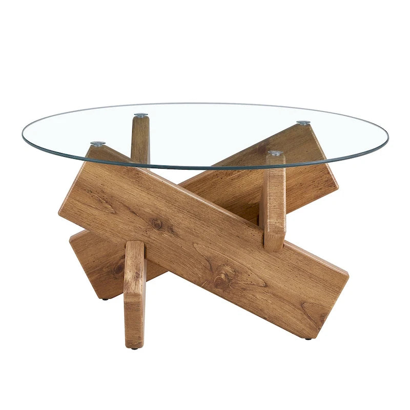 Gray Round Tempered Glass Coffee Table Geometric Cross Wood Base Modern