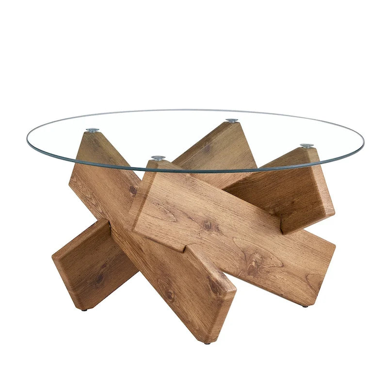 Gray Round Tempered Glass Coffee Table Geometric Cross Wood Base Modern