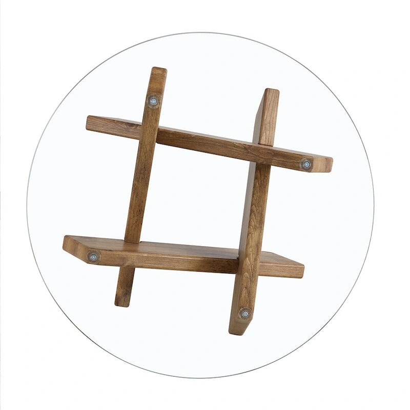 Gray Round Tempered Glass Coffee Table Geometric Cross Wood Base Modern