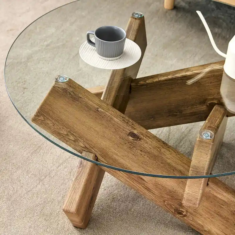 Gray Round Tempered Glass Coffee Table Geometric Cross Wood Base Modern
