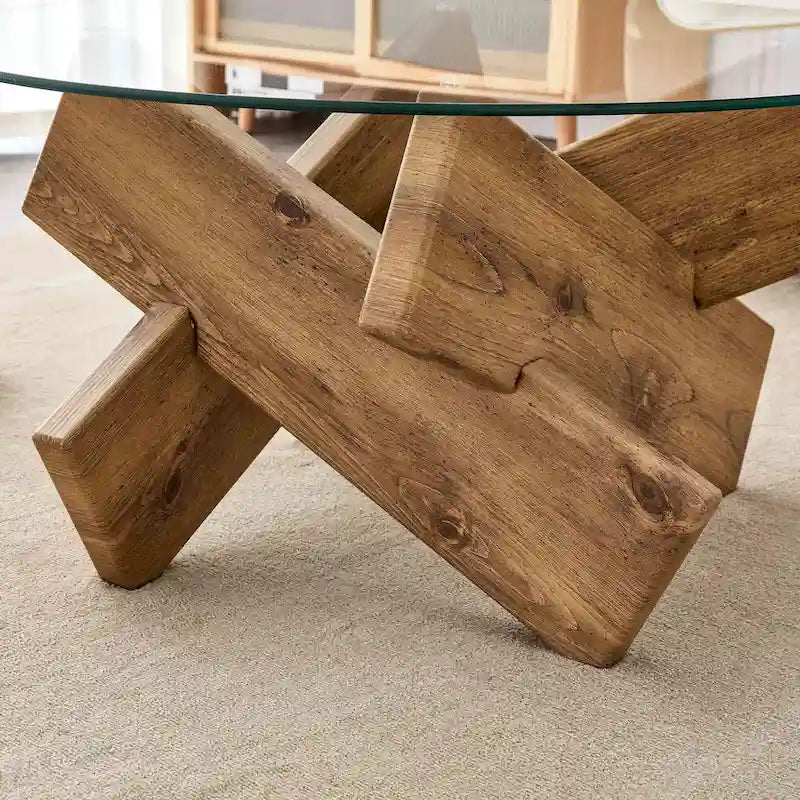 Gray Round Tempered Glass Coffee Table Geometric Cross Wood Base Modern