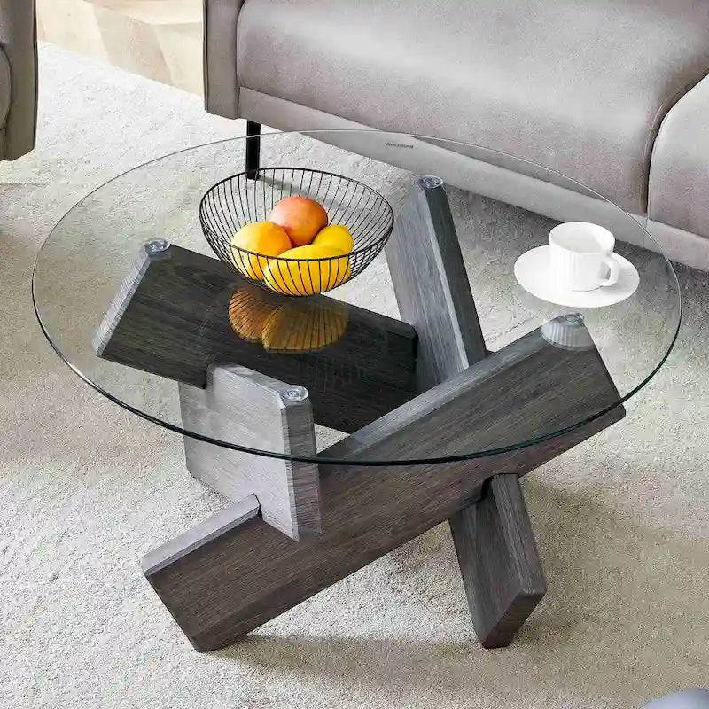 Gray Round Tempered Glass Coffee Table Geometric Cross Wood Base Modern