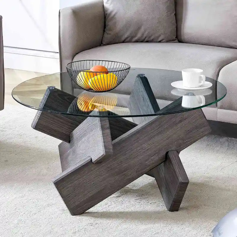 Gray Round Tempered Glass Coffee Table Geometric Cross Wood Base Modern