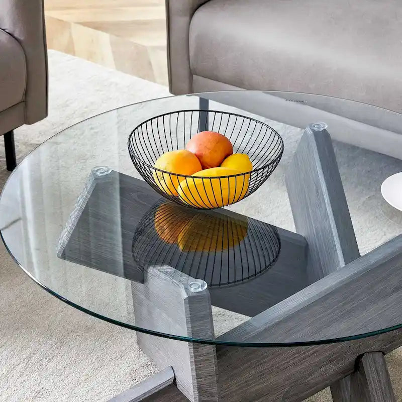 Gray Round Tempered Glass Coffee Table Geometric Cross Wood Base Modern