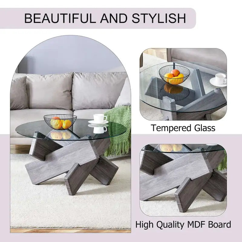 Gray Round Tempered Glass Coffee Table Geometric Cross Wood Base Modern